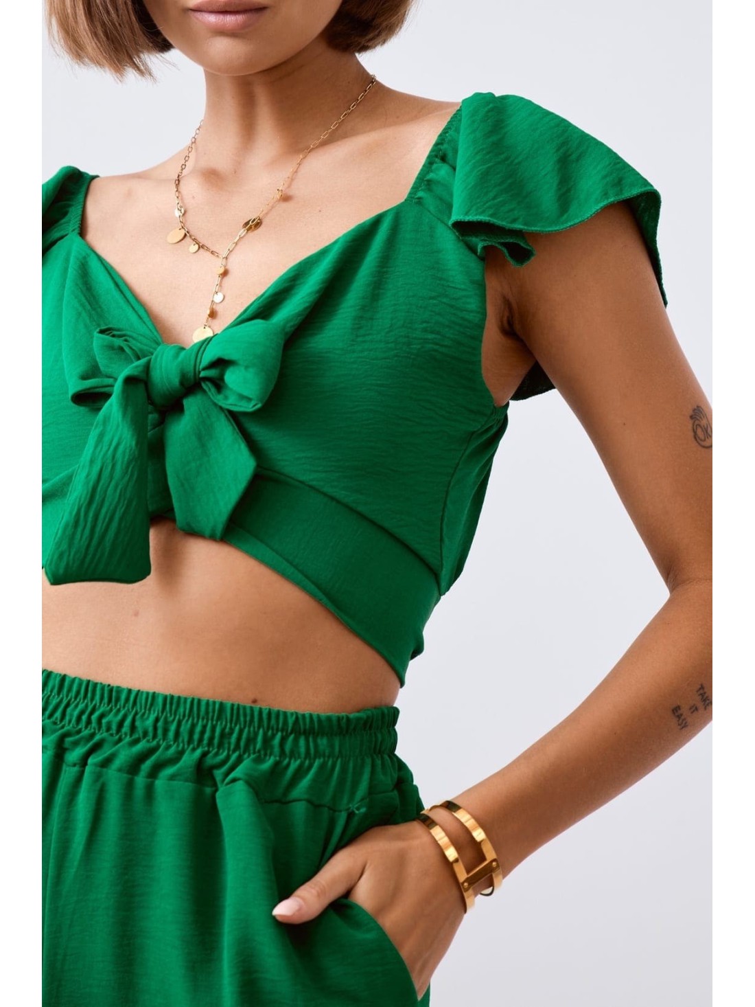 Dark green crop top set with wide pants 8108 - Online store - Boutique